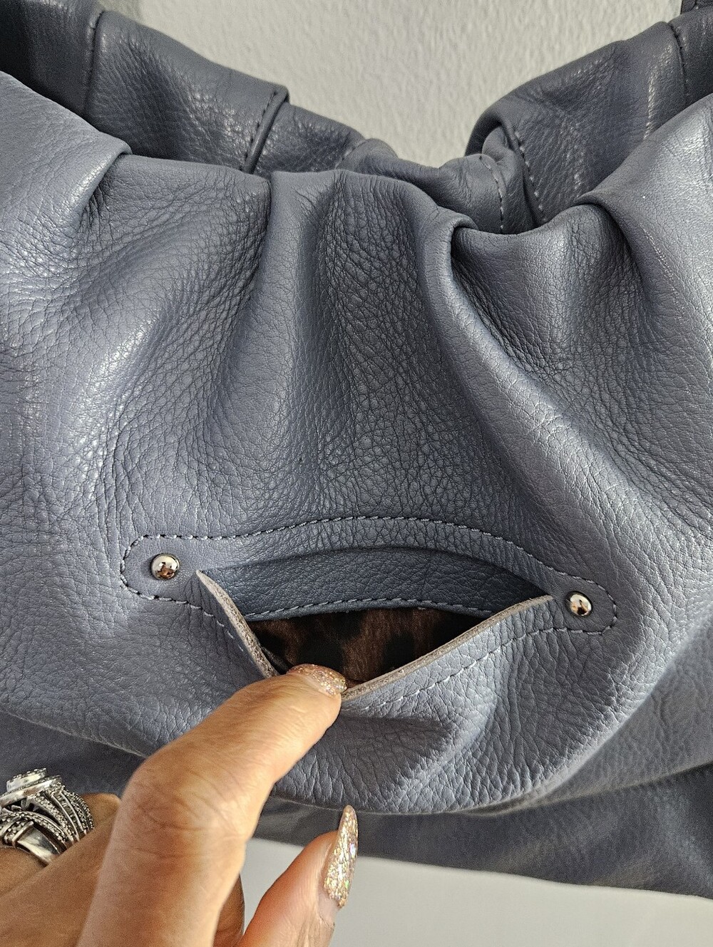 B.Makowsky Stud-Accent Pebbled Shoulder Bag in Slate Blue - Picture 6 of 11